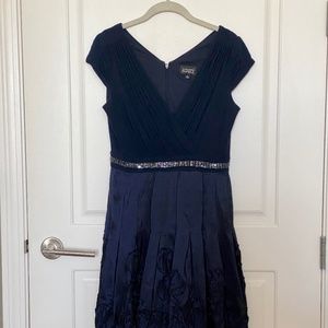 Adrianna Papell Navy Blue Cocktail Party Dress with Pleated Skirt and Appliqué